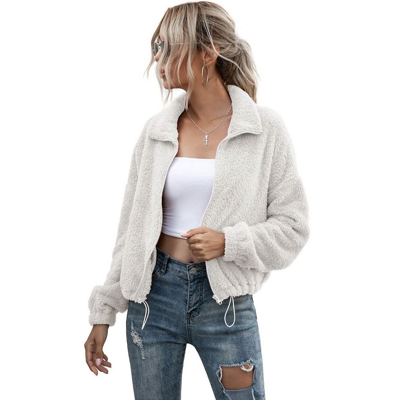 Solide kurze Teddyjacke mit Kordelzugsaum