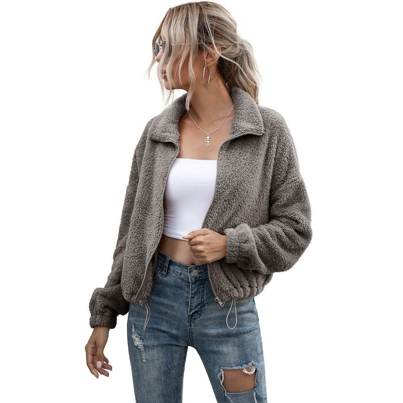 Solide kurze Teddyjacke mit Kordelzugsaum