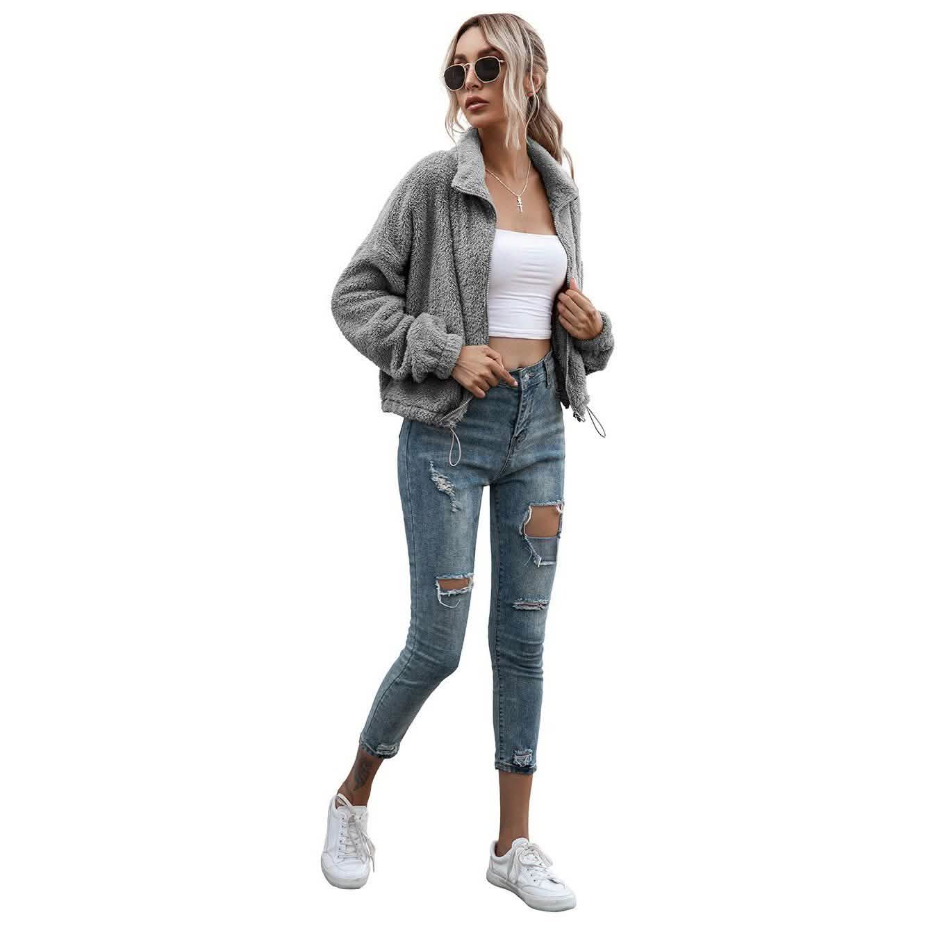 Solide kurze Teddyjacke mit Kordelzugsaum