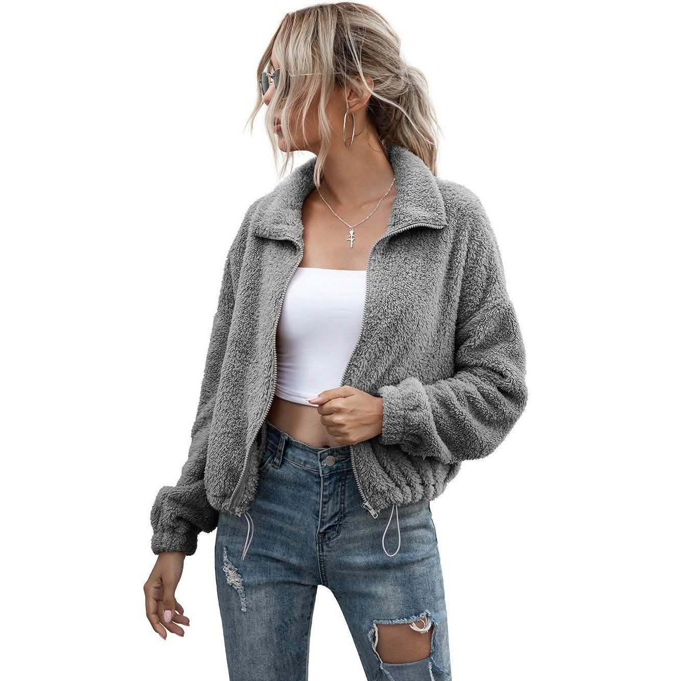 Solide kurze Teddyjacke mit Kordelzugsaum