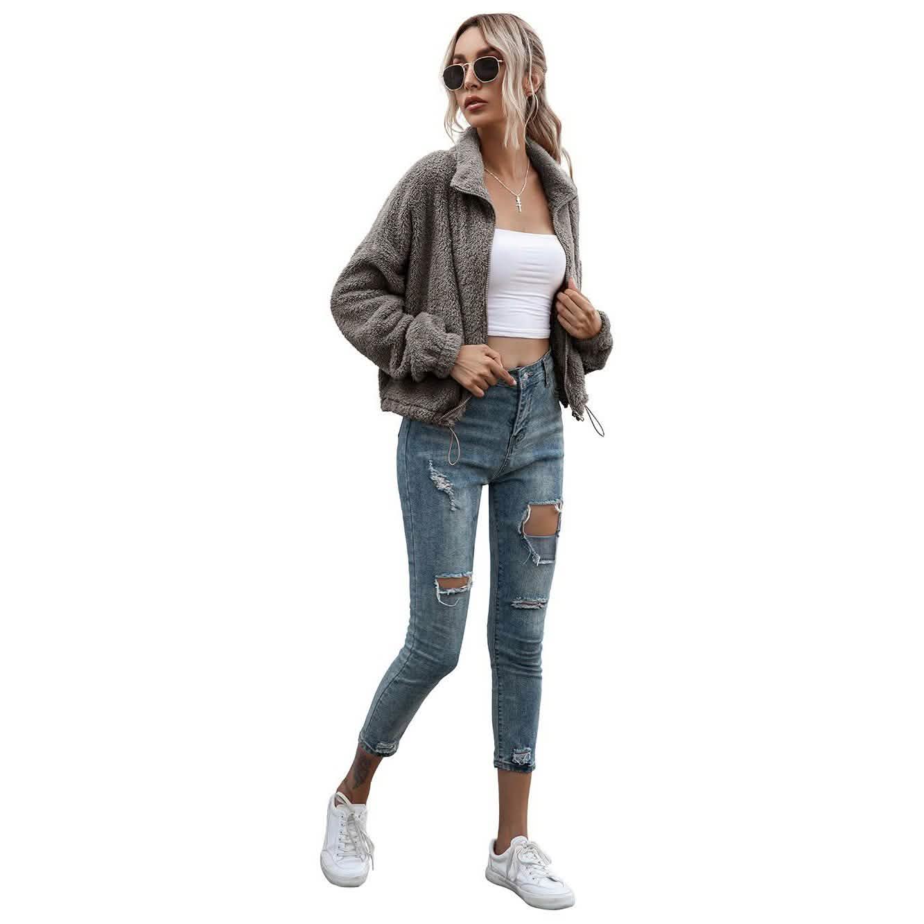 Solide kurze Teddyjacke mit Kordelzugsaum