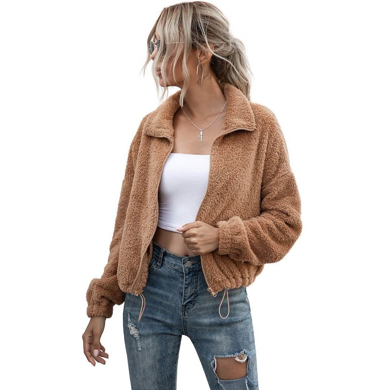 Solide kurze Teddyjacke mit Kordelzugsaum