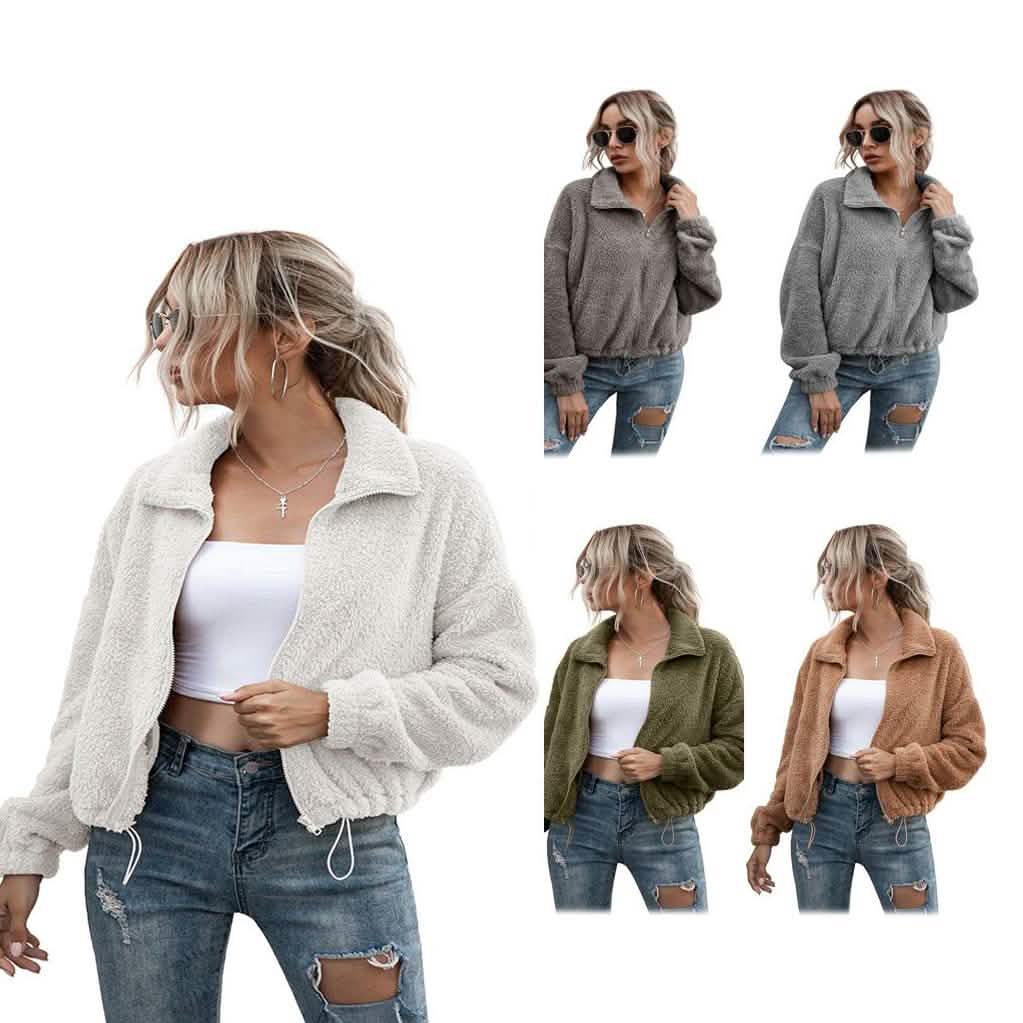 Solide kurze Teddyjacke mit Kordelzugsaum