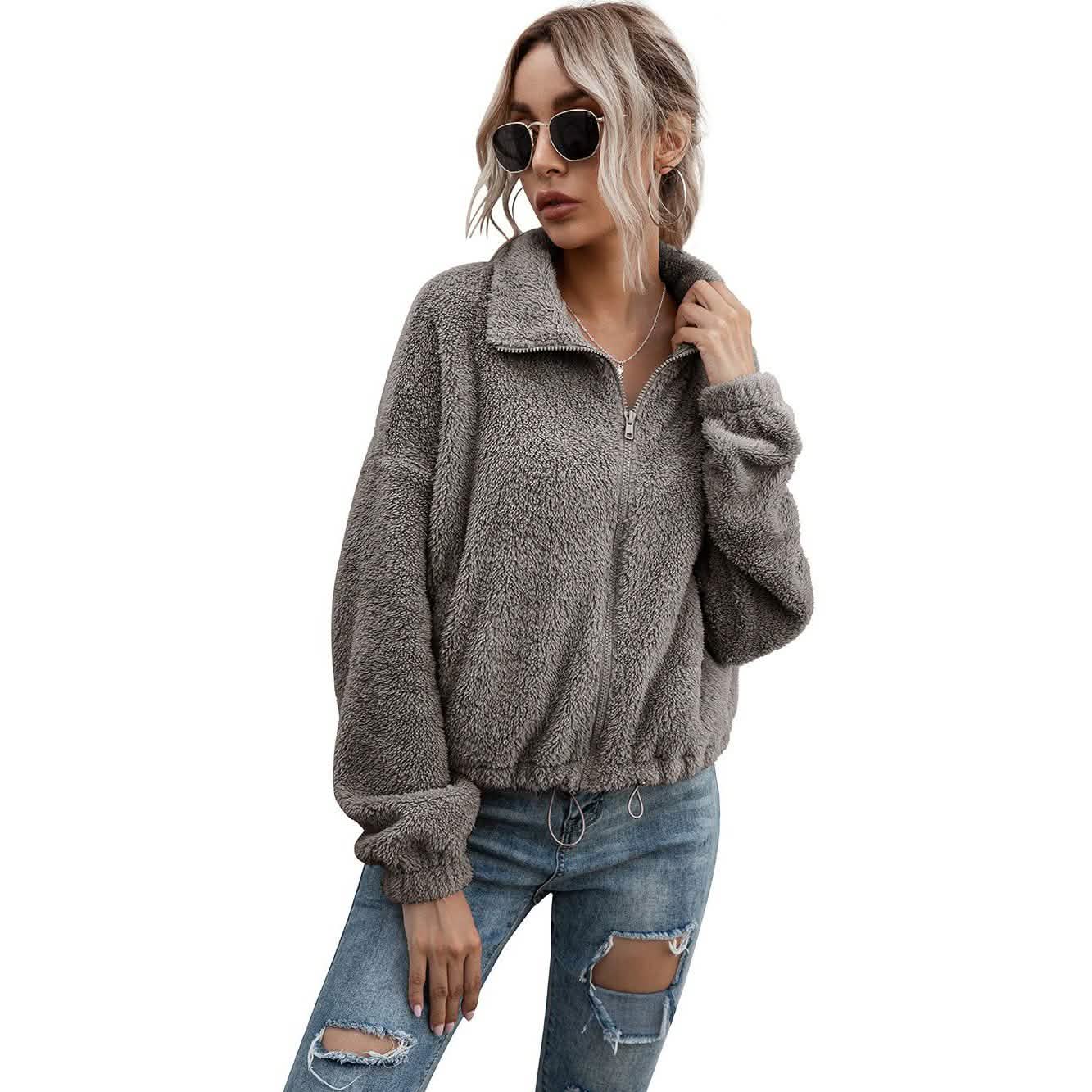 Solide kurze Teddyjacke mit Kordelzugsaum
