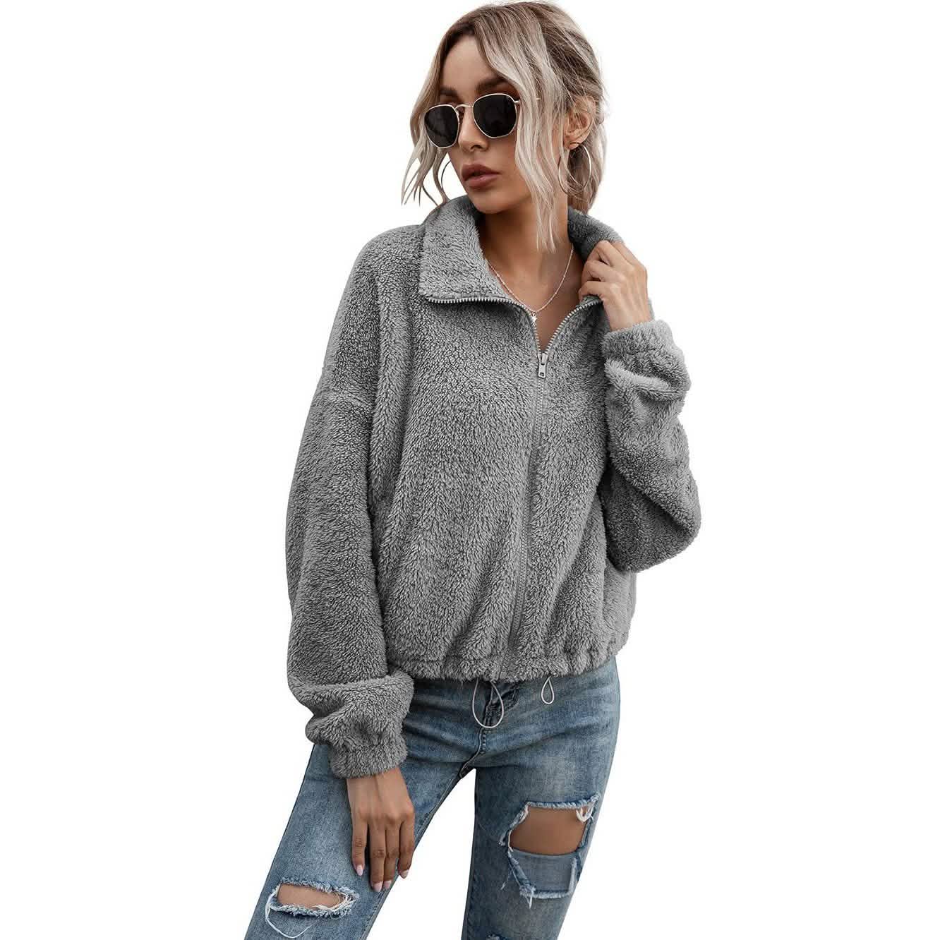 Solide kurze Teddyjacke mit Kordelzugsaum