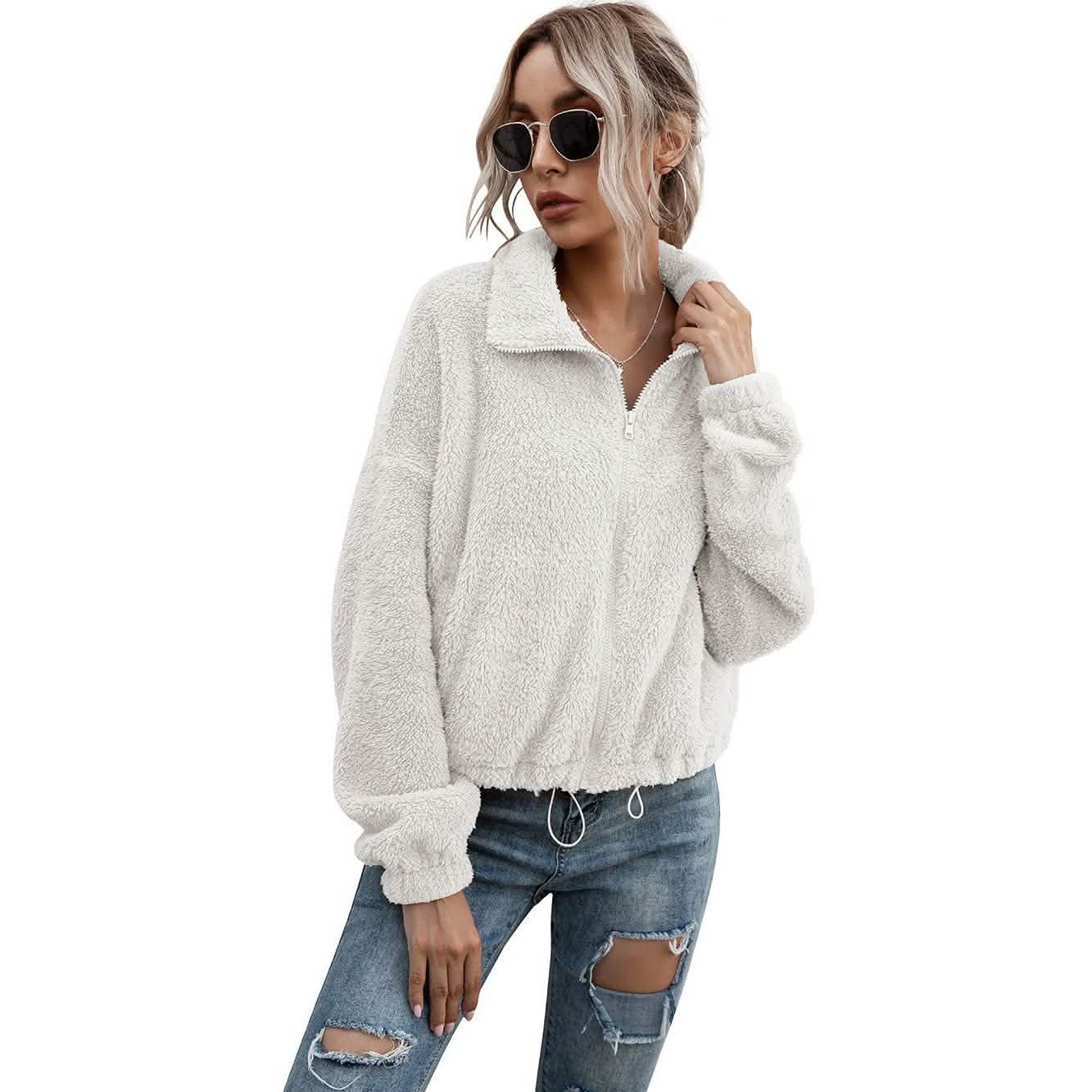 Solide kurze Teddyjacke mit Kordelzugsaum