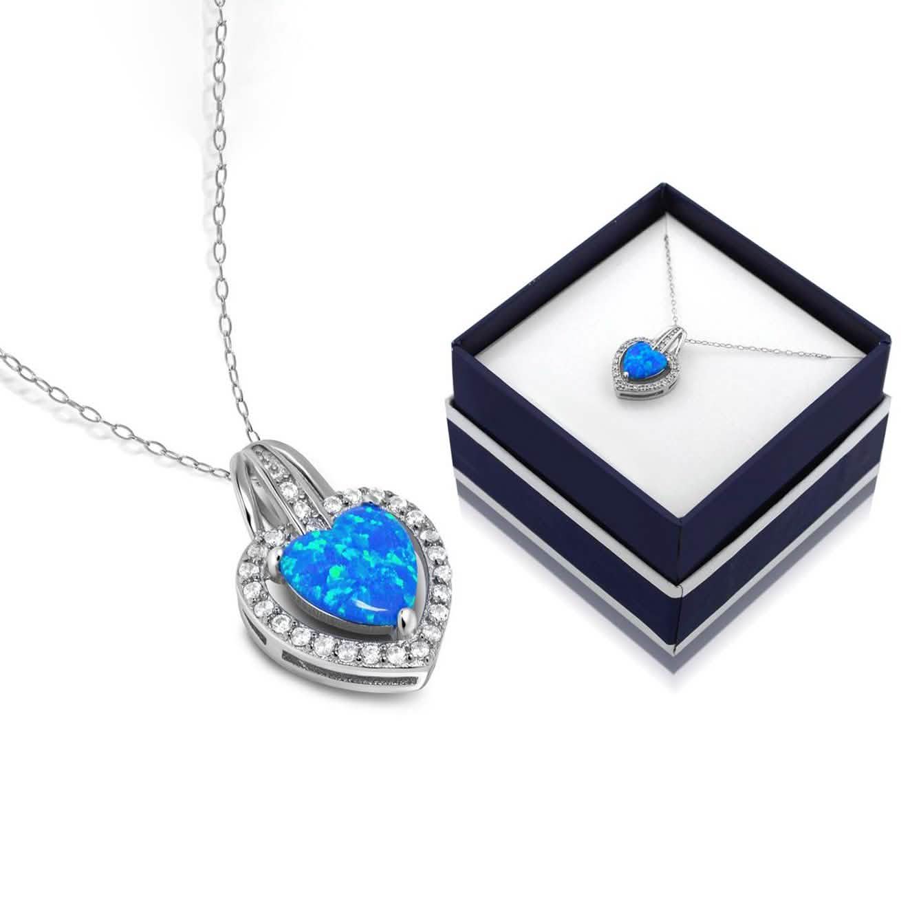 Halskette mit blauem Opal-Herz und Heiligenschein aus massivem Sterlingsilber mit Geschenkbox von MUIBLU Gems