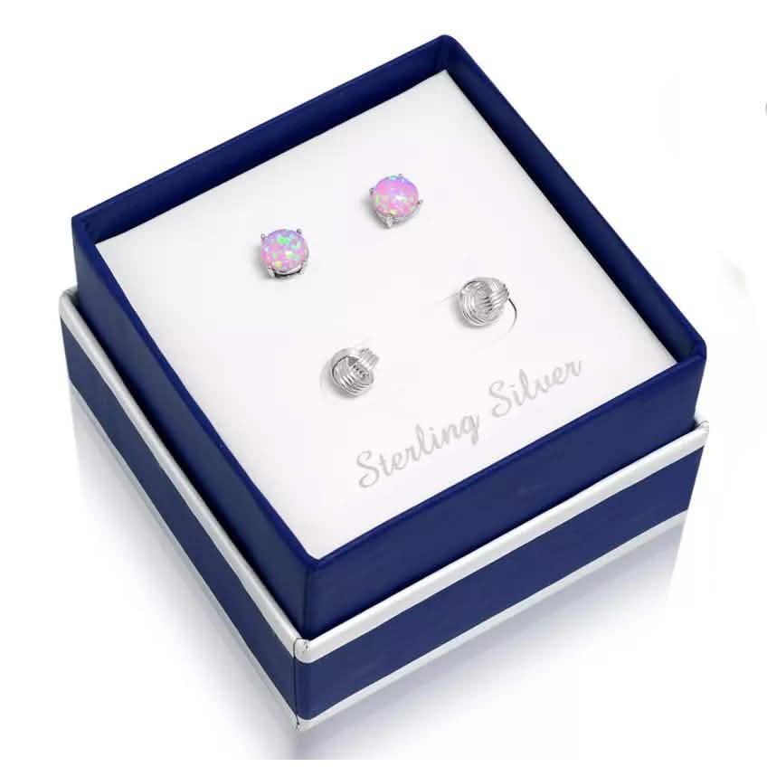Ohrring-Set aus massivem Sterlingsilber mit Liebesknoten und rosa Opal
