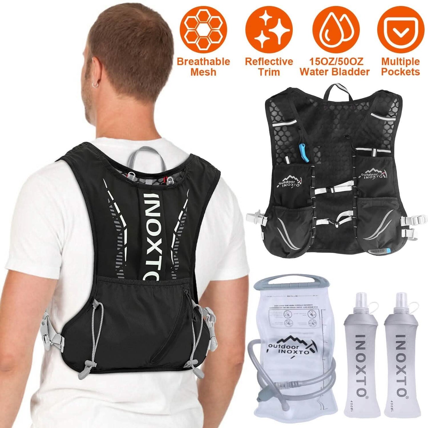 Sporthydrationsweste Laufrucksack mit 450 ml, 1,5 l Trinkblase