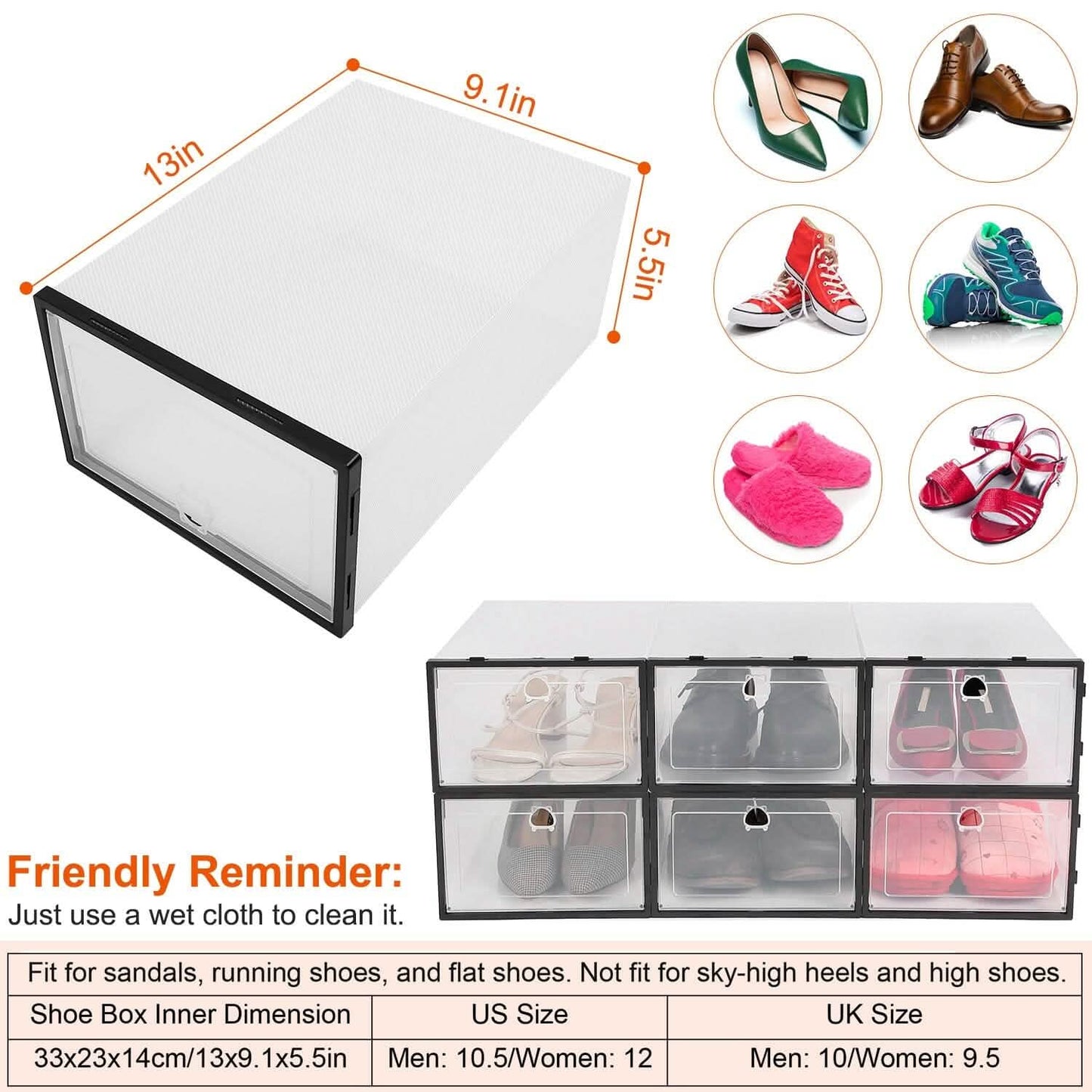 Stapelbare Schuhaufbewahrungsbox, transparent, staubdicht