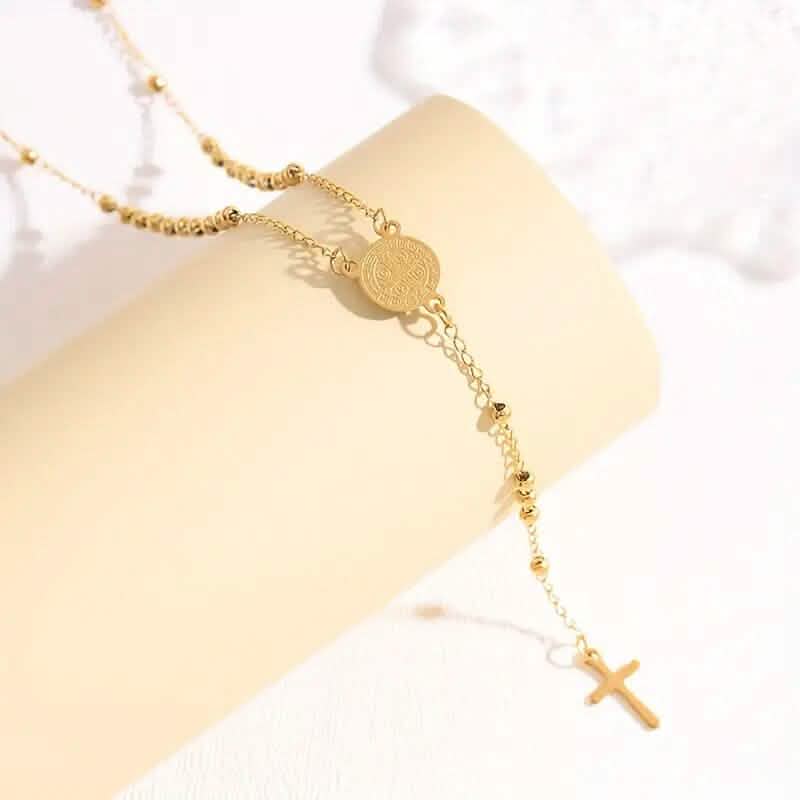 Edelstahl St. Benedikt Muster Goldener Rosenkranz Kreuz Anhänger Halskette