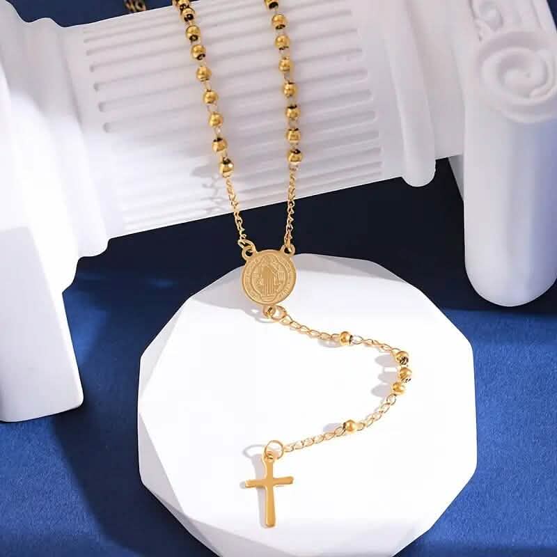 Edelstahl St. Benedikt Muster Goldener Rosenkranz Kreuz Anhänger Halskette