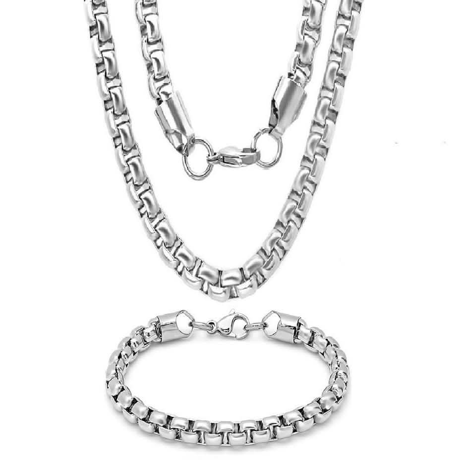 Steeltime Men's 7mm Round Box Stainless Steel Necklace and Bracelet