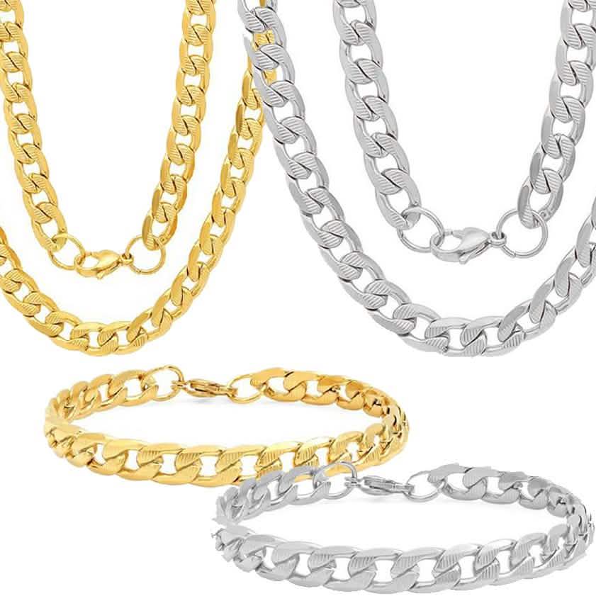 Steeltime Herren Halskette und Armband, 8 mm, Edelstahl, kubanische Gliederkette, Diamantschliff