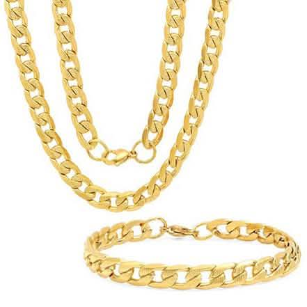 Steeltime Herren Halskette und Armband, 8 mm, Edelstahl, kubanische Gliederkette, Diamantschliff