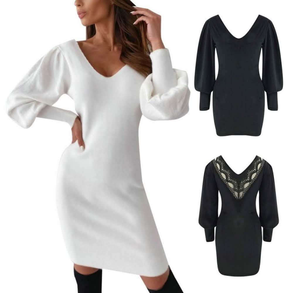 Summark Damen Spitzenkleid Langarm Freizeit Etuikleid