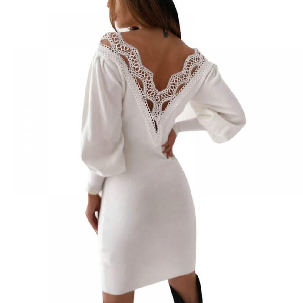 Summark Damen Spitzenkleid Langarm Freizeit Etuikleid