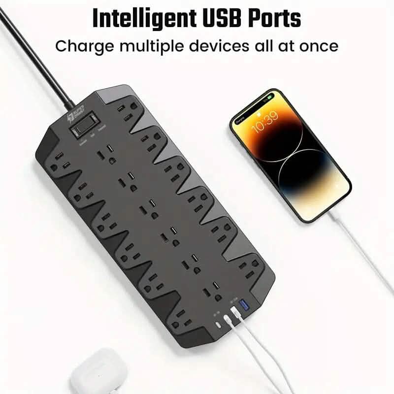 Superdanny 18-fach AC Steckdosenleiste mit Überspannungsschutz und 2 USB-C- sowie 2 USB-A-Anschlüssen
