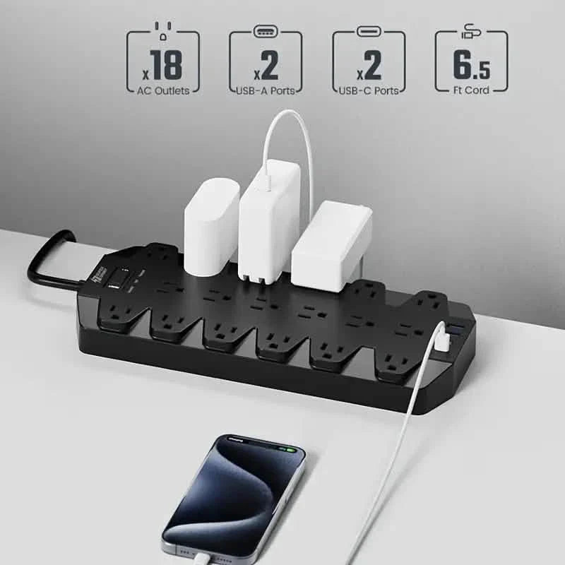 Superdanny 18-fach AC Steckdosenleiste mit Überspannungsschutz und 2 USB-C- sowie 2 USB-A-Anschlüssen