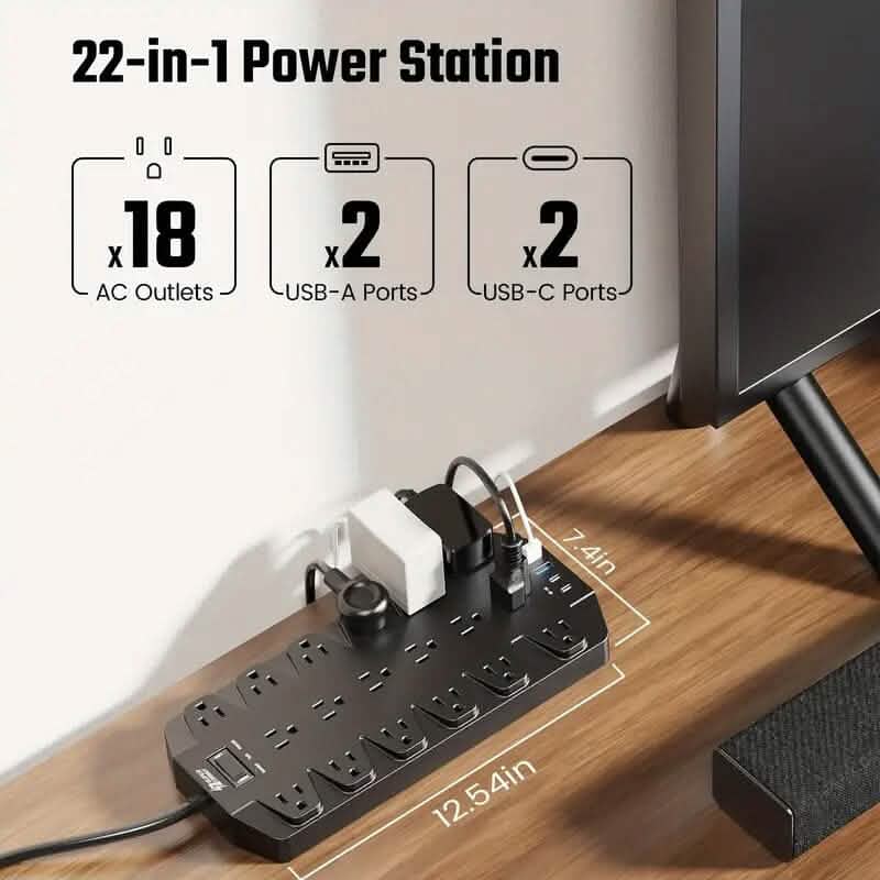 Superdanny 18-fach AC Steckdosenleiste mit Überspannungsschutz und 2 USB-C- sowie 2 USB-A-Anschlüssen