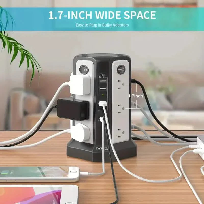 Überspannungsschutz-Turm 1800J mit 4 USB-A-Anschlüssen, USB-C-Anschluss (PD18W), 12 AC-Steckdosen und 3 m Kabel