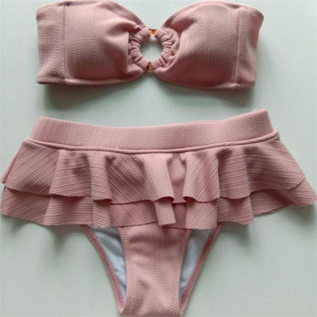 Badeanzug Damen Rüschen Bikini Sommer Zweiteiliger Einfarbiger Pinkfarbener Badeanzug Push-Up Badeanzug Damen Charmanter Farbiger Bauchkontroll-Badeanzug Große Größen Badekleid Badeanzug Zweiteilige Badeanzüge