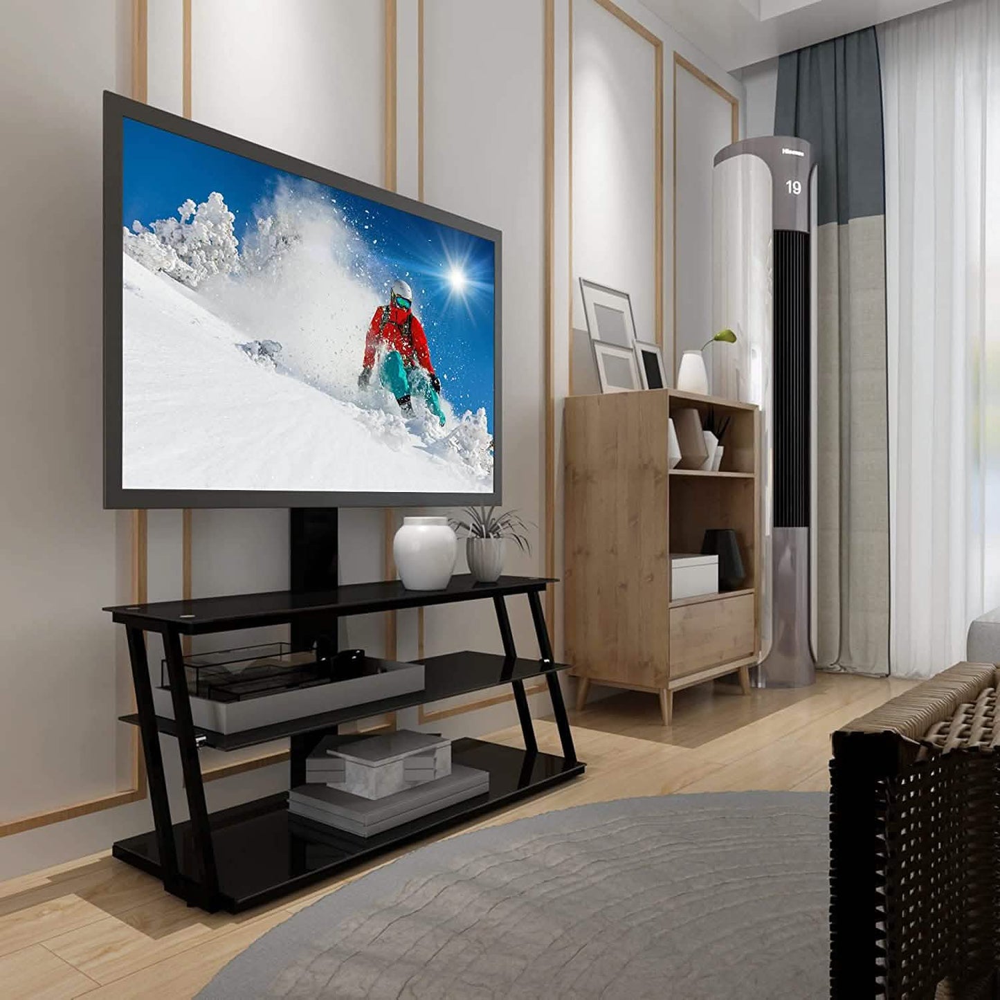 Drehbarer TV-Standfuß mit winkel- und höhenverstellbarem TV-Ständer aus gehärtetem Glas