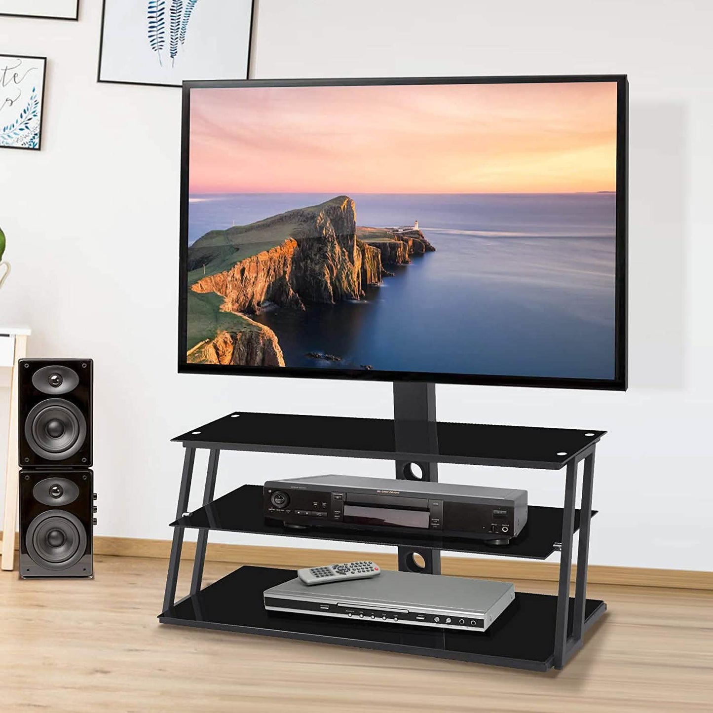 Drehbarer TV-Standfuß mit winkel- und höhenverstellbarem TV-Ständer aus gehärtetem Glas
