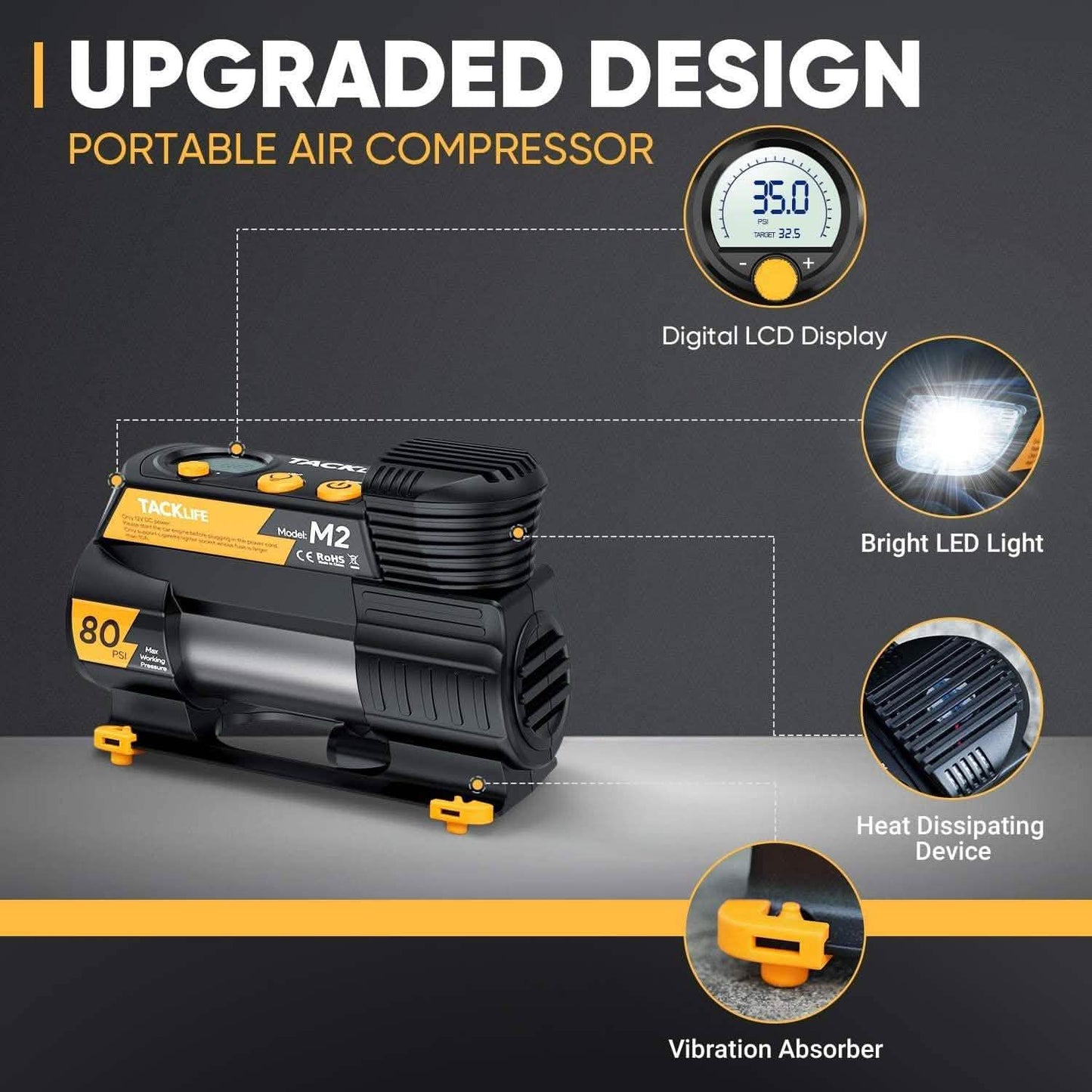 Tacklife Tragbarer 12V DC Digitaler Auto-Reifenfüller M2