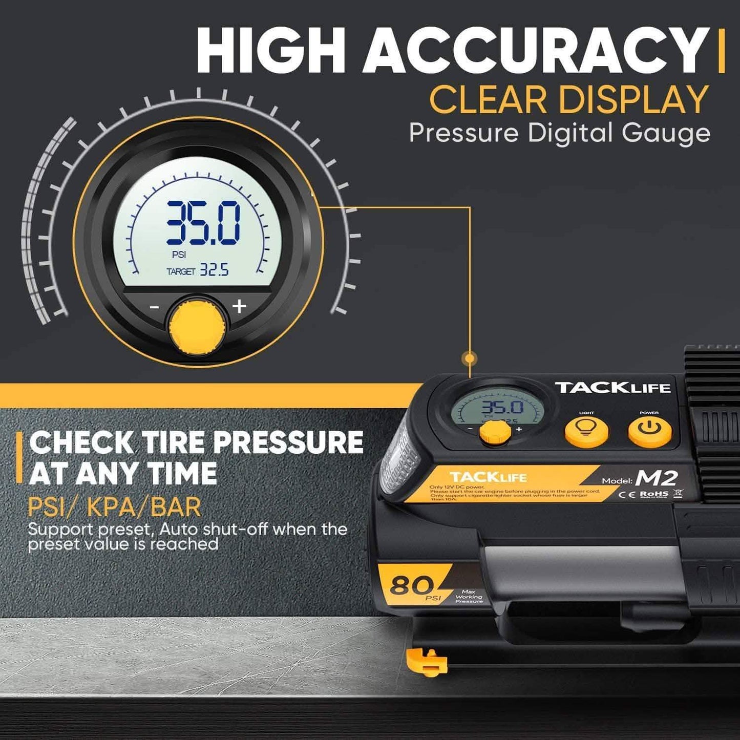 Tacklife Tragbarer 12V DC Digitaler Auto-Reifenfüller M2