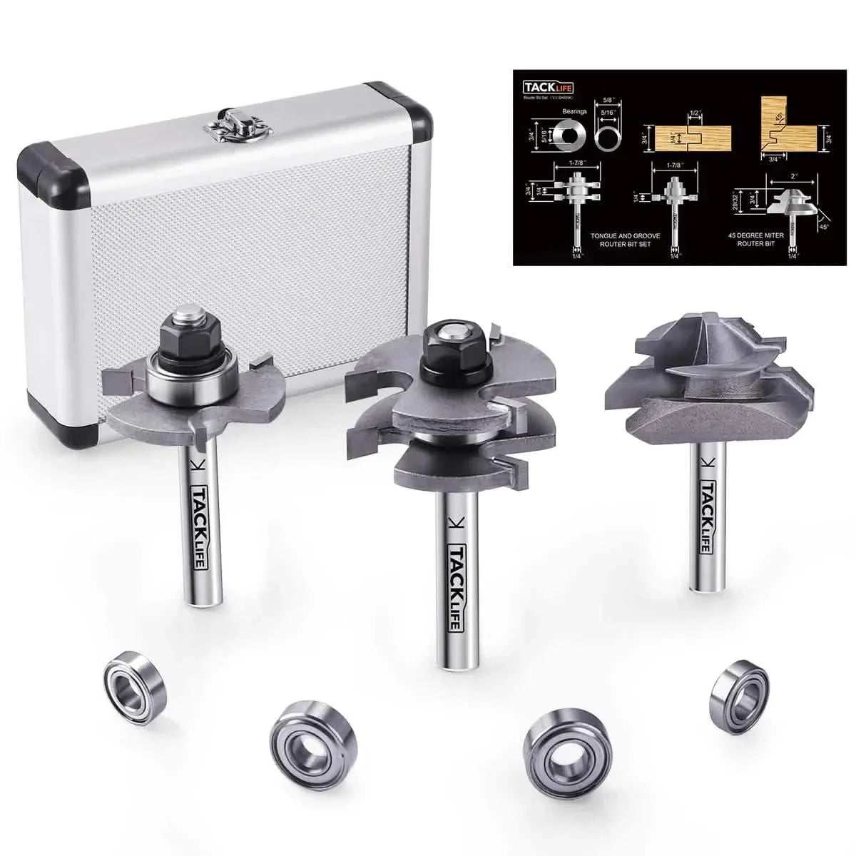 TACKLIFE Fräser-Set 1/4 Zoll Schaft, Nut- und Federfräser-Set mit 4-teiligem Lagersatz RB31C