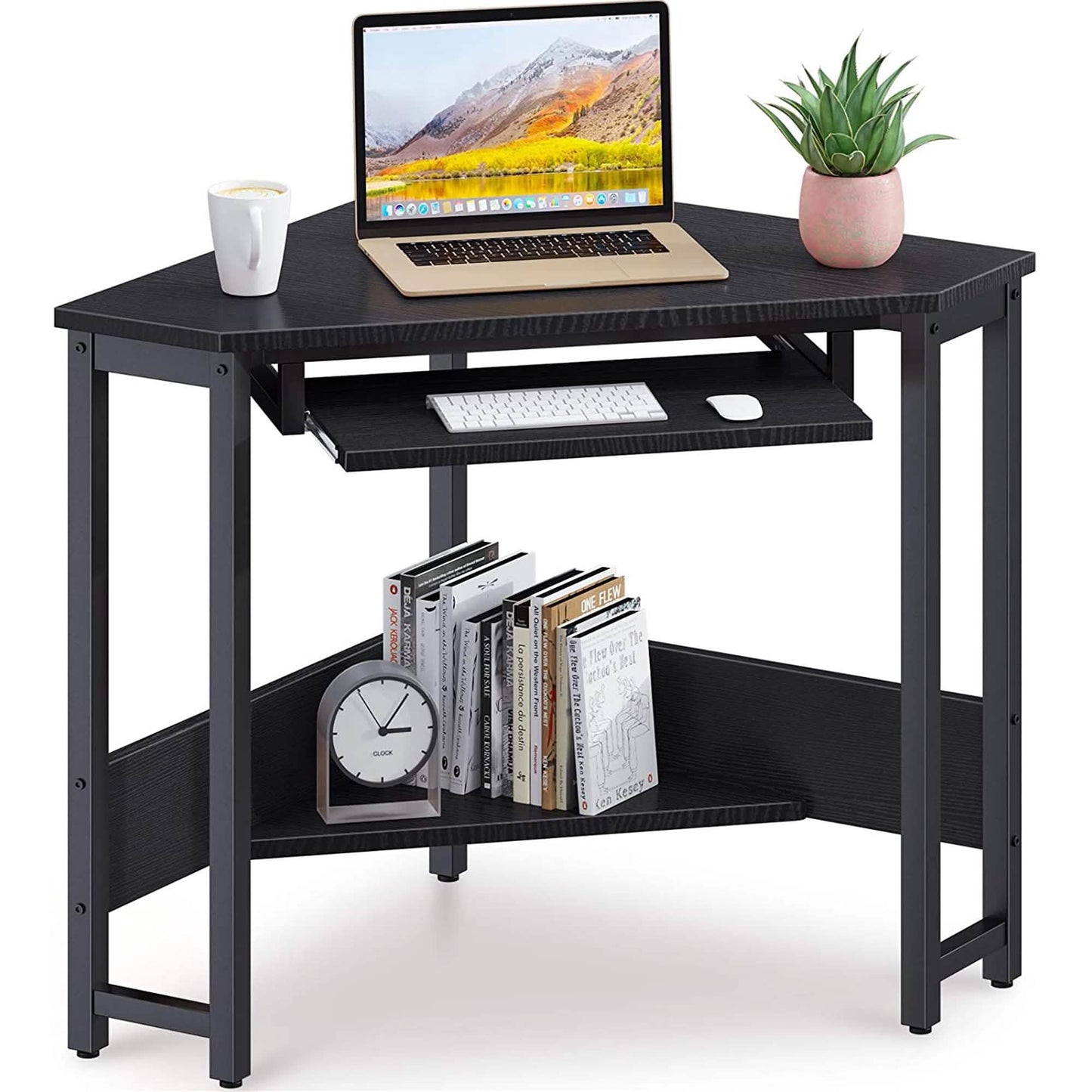 Dreieckiger Computertisch, leichtgängige Tastaturablage & Ablageregale