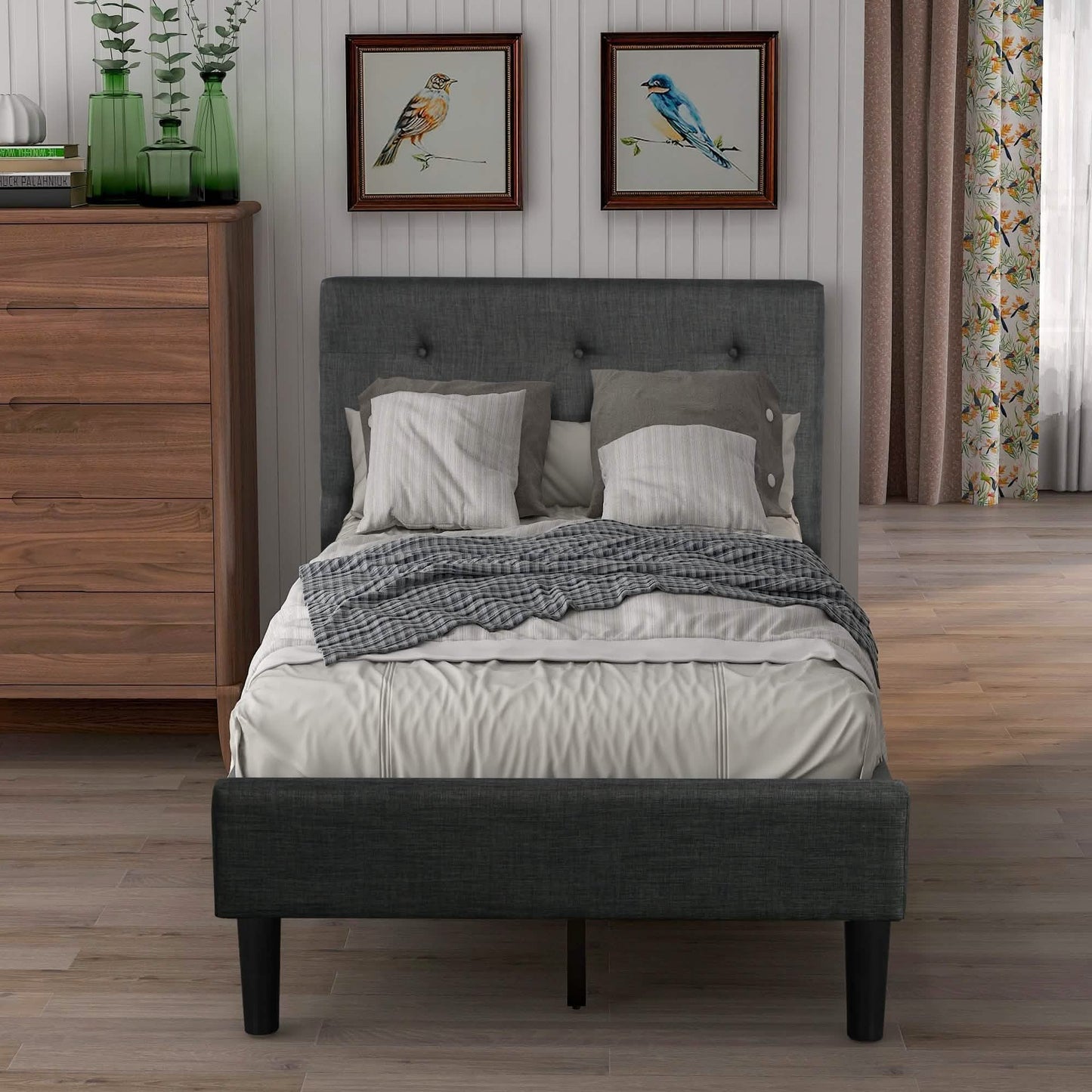 Gepolstertes Plattformbett, Plattformbett im Twin-Size-Format mit Knopfheftung