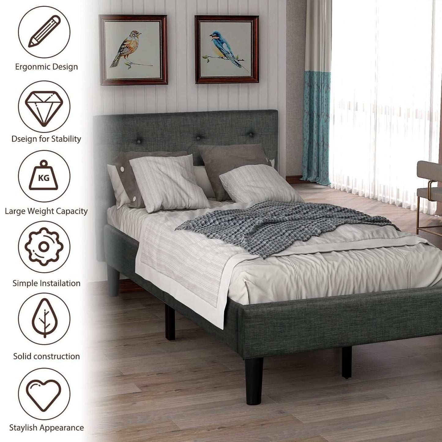 Gepolstertes Plattformbett, Plattformbett im Twin-Size-Format mit Knopfheftung