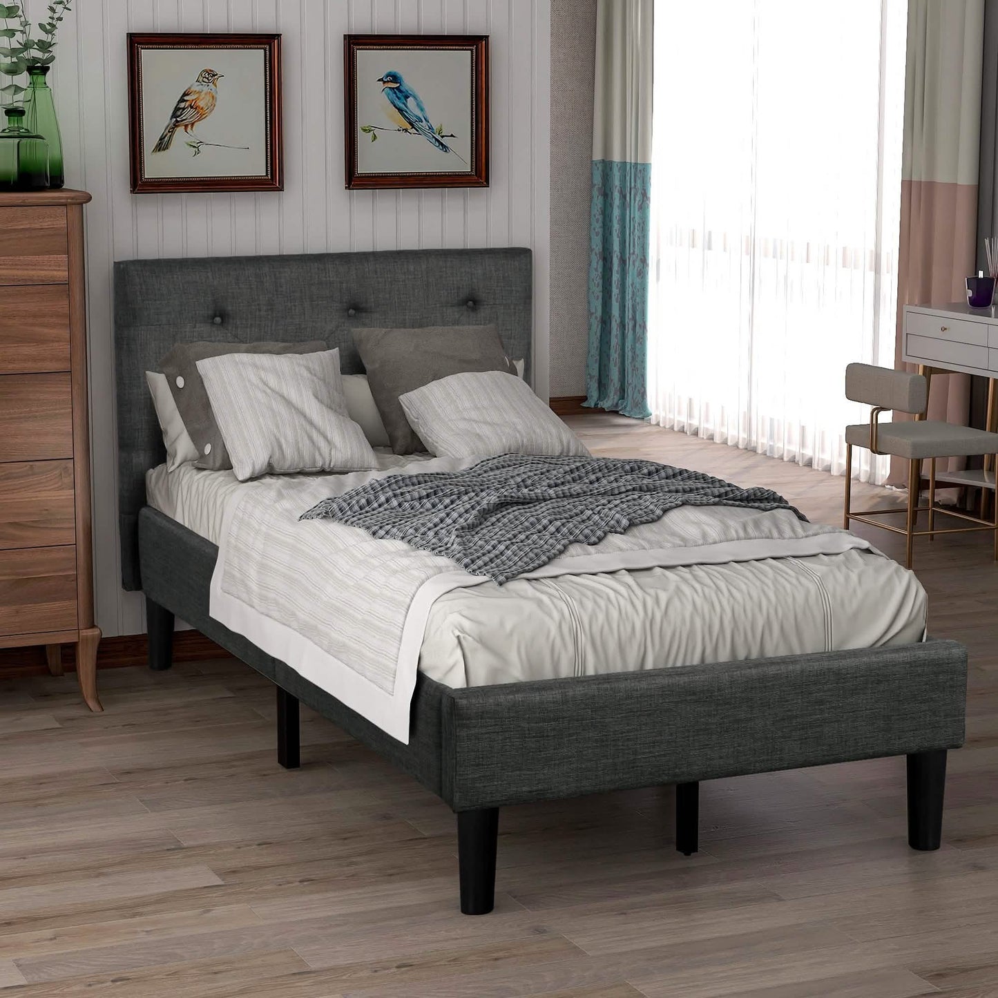 Gepolstertes Plattformbett, Plattformbett im Twin-Size-Format mit Knopfheftung