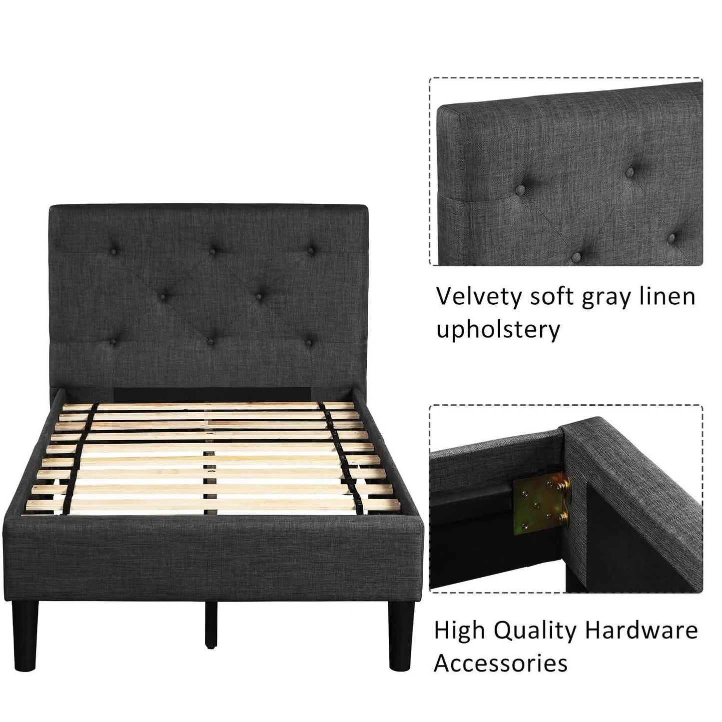 Gepolstertes Plattformbett, Plattformbett im Twin-Size-Format mit Knopfheftung