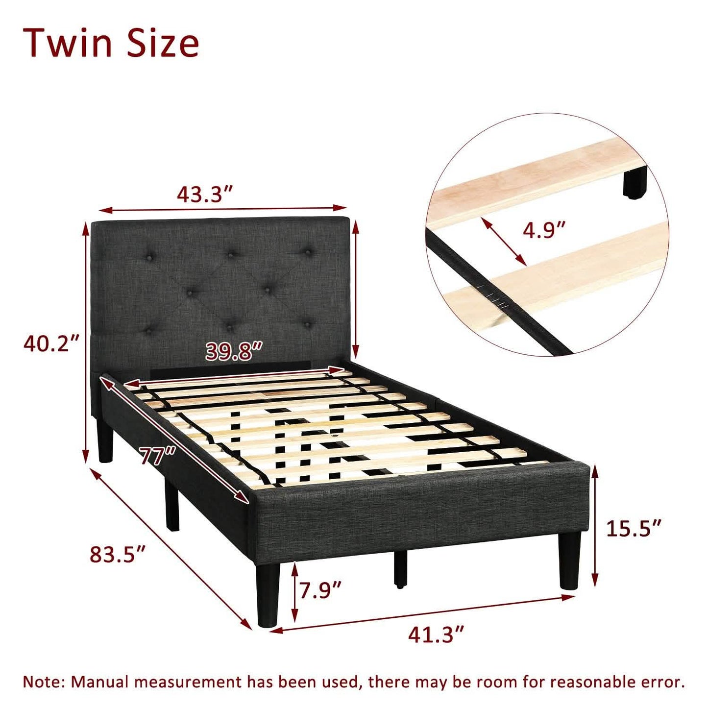 Gepolstertes Plattformbett, Plattformbett im Twin-Size-Format mit Knopfheftung