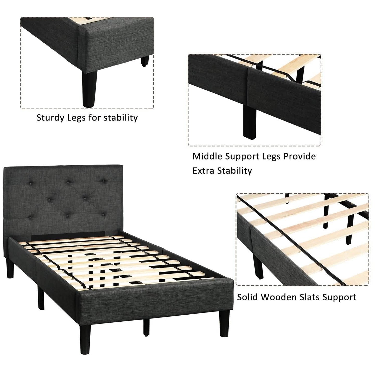 Gepolstertes Plattformbett, Plattformbett im Twin-Size-Format mit Knopfheftung