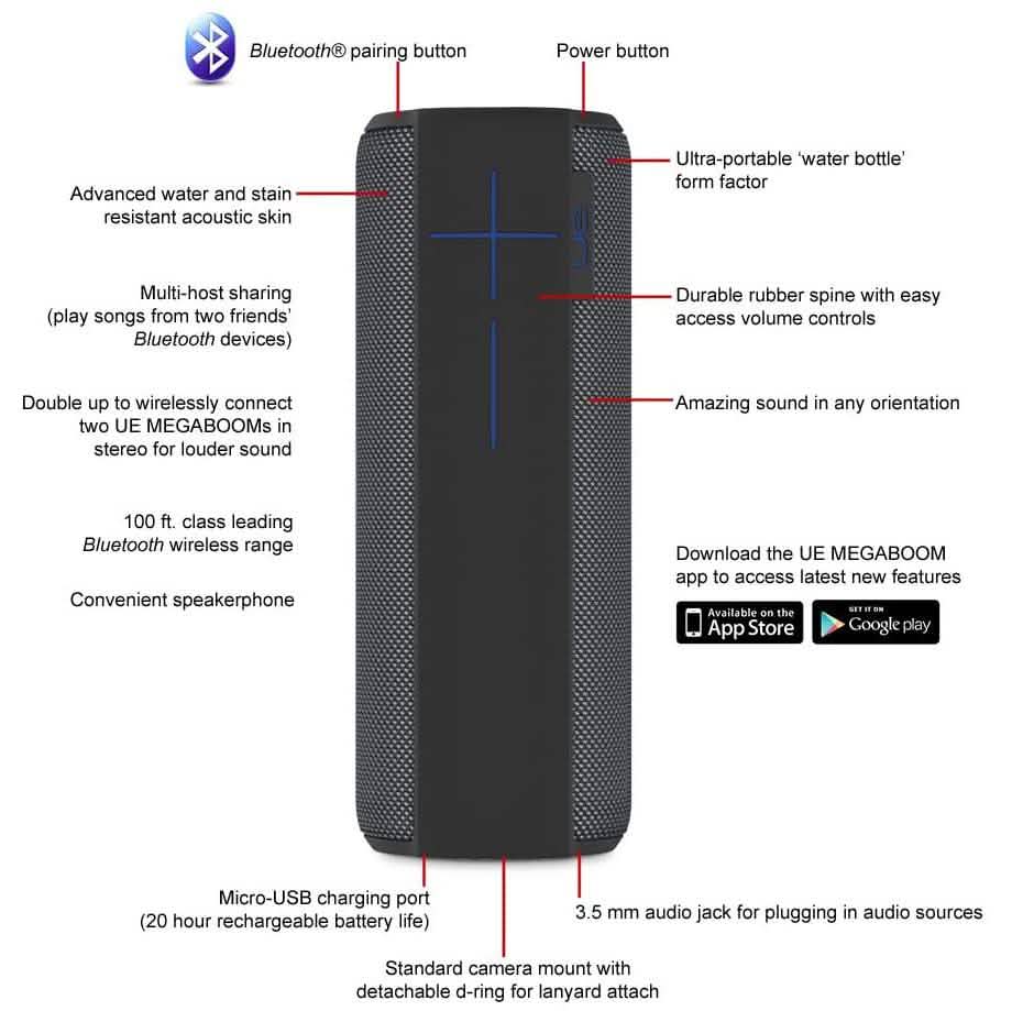 Ultimate Ears MEGABOOM Tragbarer wasserdichter und stoßfester Bluetooth-Lautsprecher (Generalüberholt)
