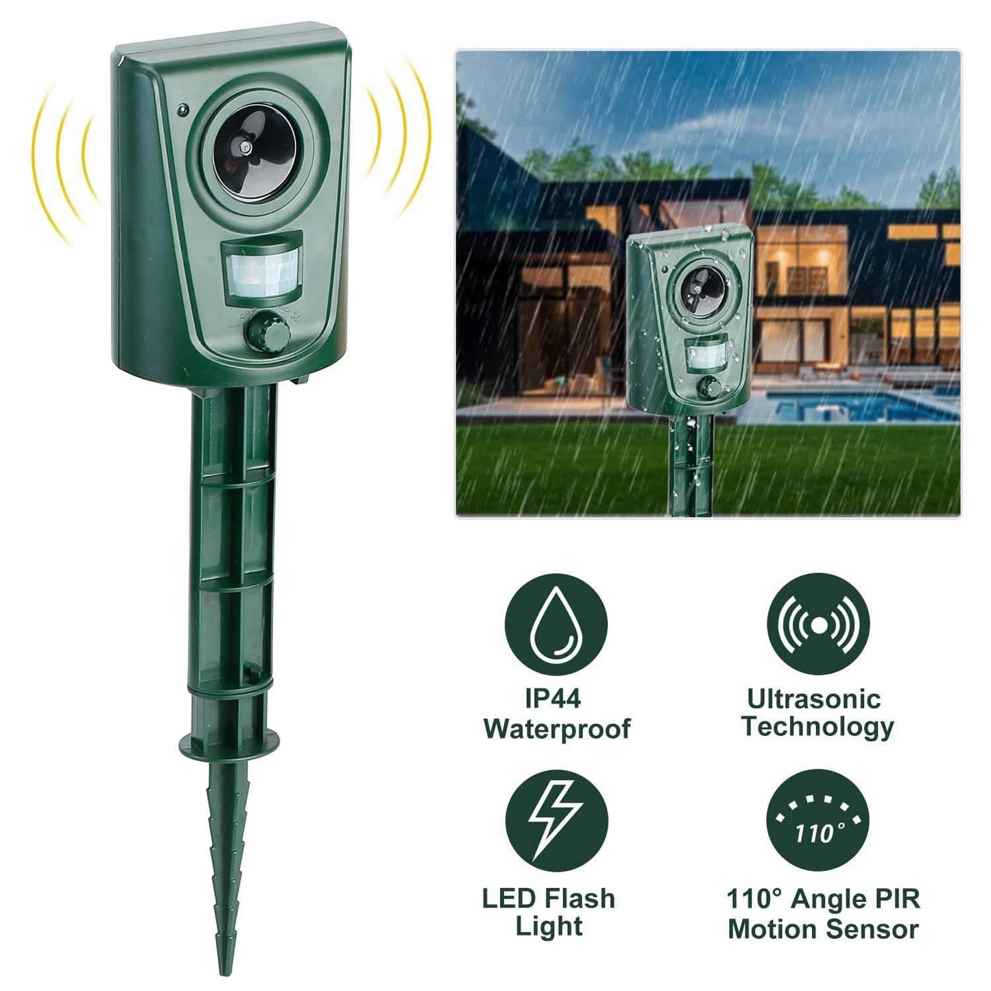 Ultraschall-Tierabwehr IP4 Wasserdicht Bewegungssensor Repellent mit blinkendem LED-Licht
