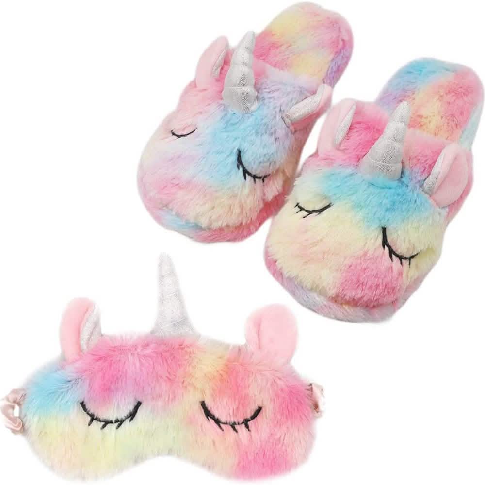 Einhorn-Plüschhausschuhe und Schlafmasken-Set