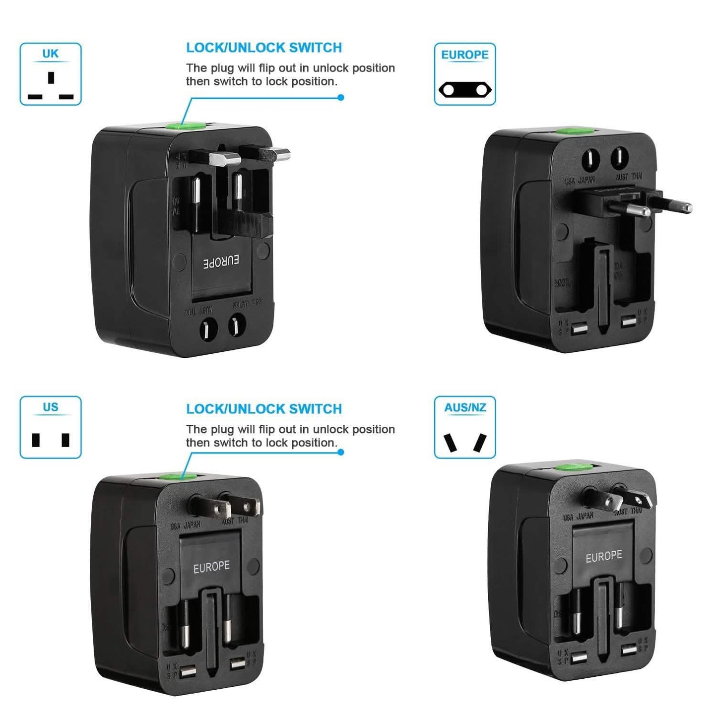 Universal-Reiseadapter mit 4 austauschbaren Steckern