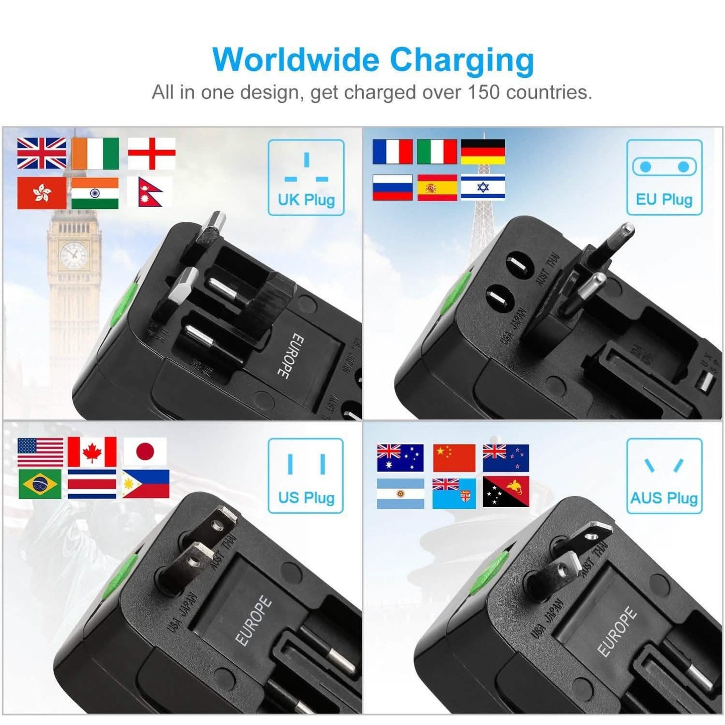 Universal-Reiseadapter mit 4 austauschbaren Steckern