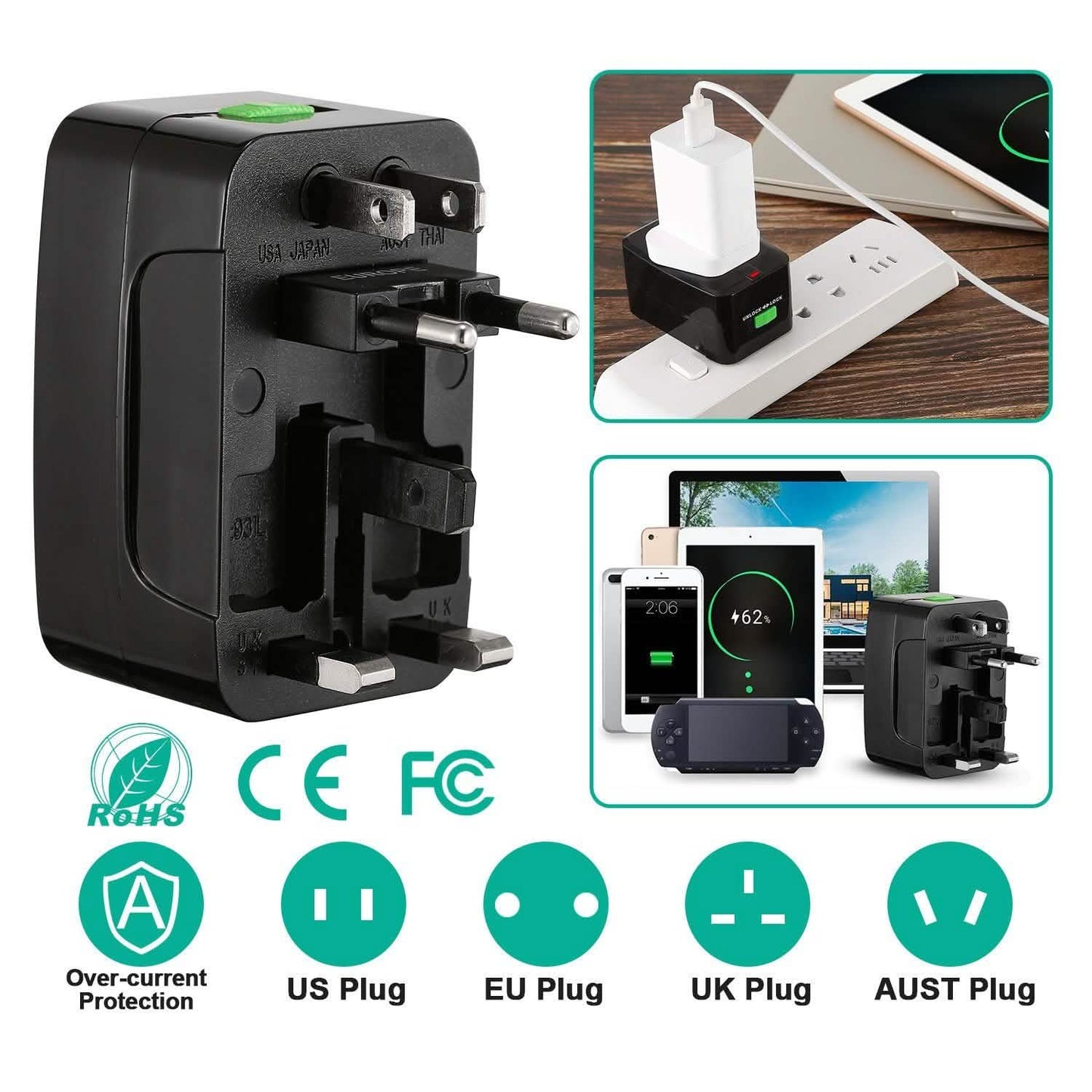 Universal-Reiseadapter mit 4 austauschbaren Steckern