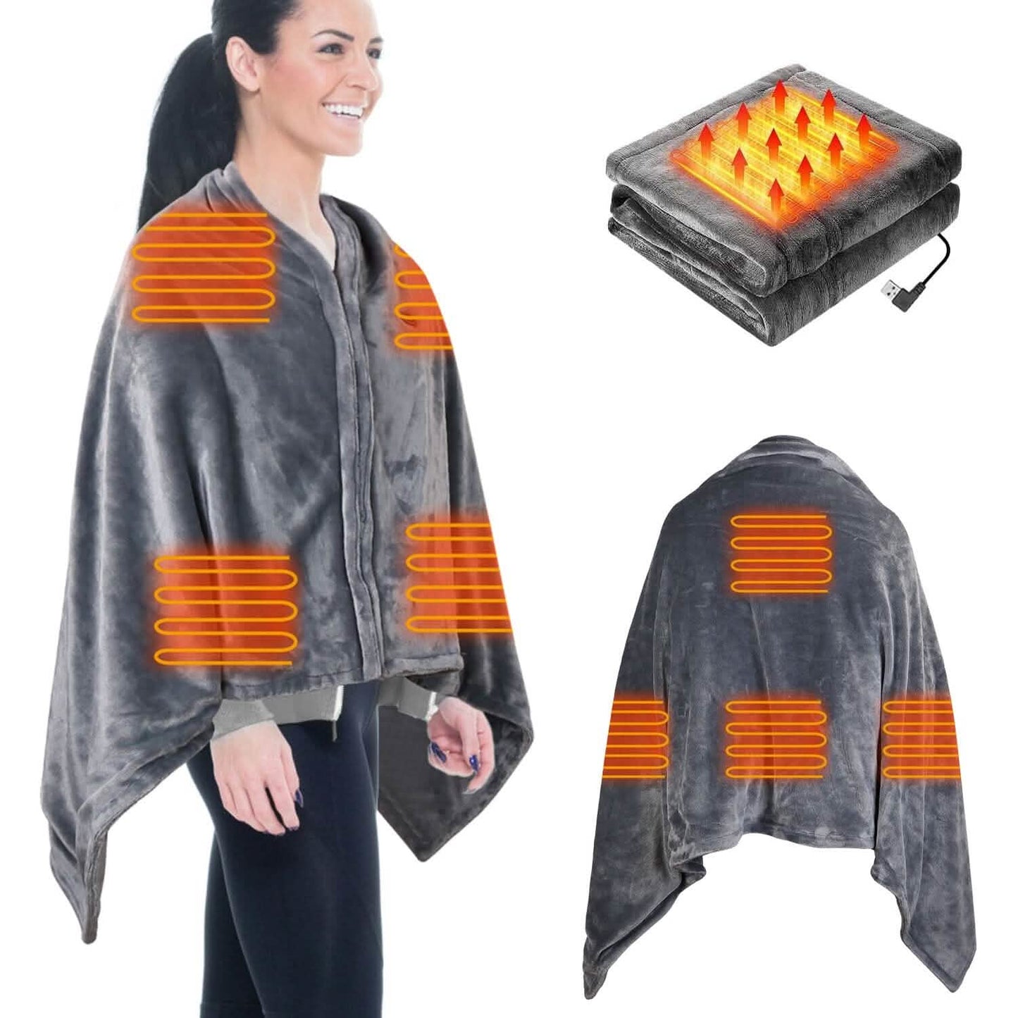 USB-Heizdecke Poncho Schal Wickeldecke mit Reißverschluss Waschbar