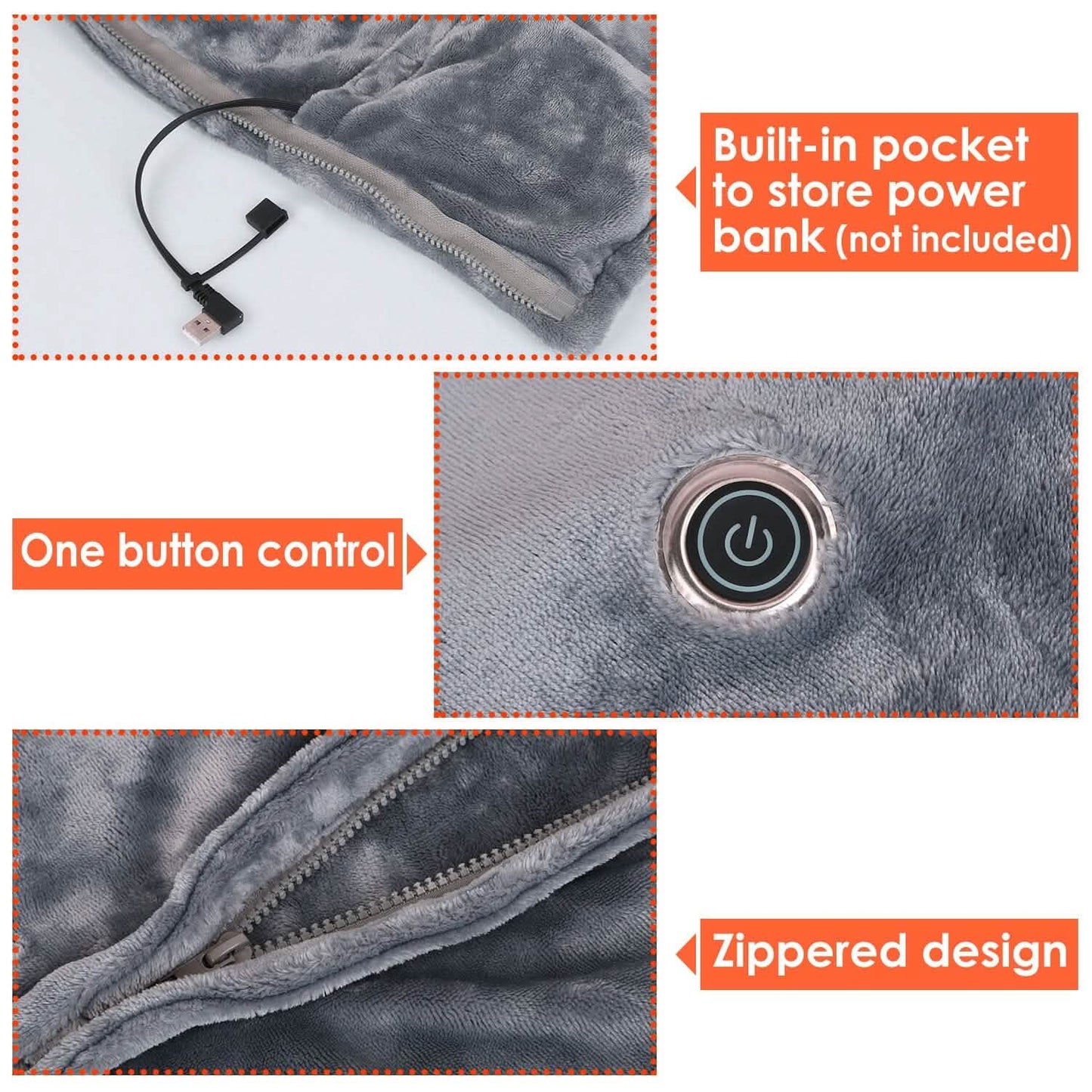 USB-Heizdecke Poncho Schal Wickeldecke mit Reißverschluss Waschbar