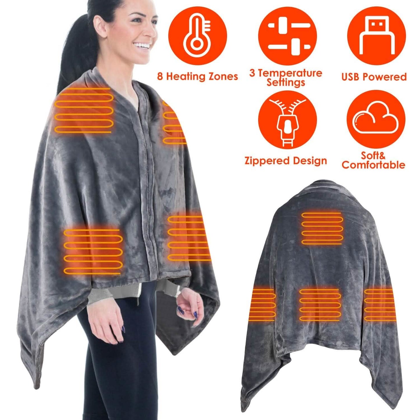 USB-Heizdecke Poncho Schal Wickeldecke mit Reißverschluss Waschbar
