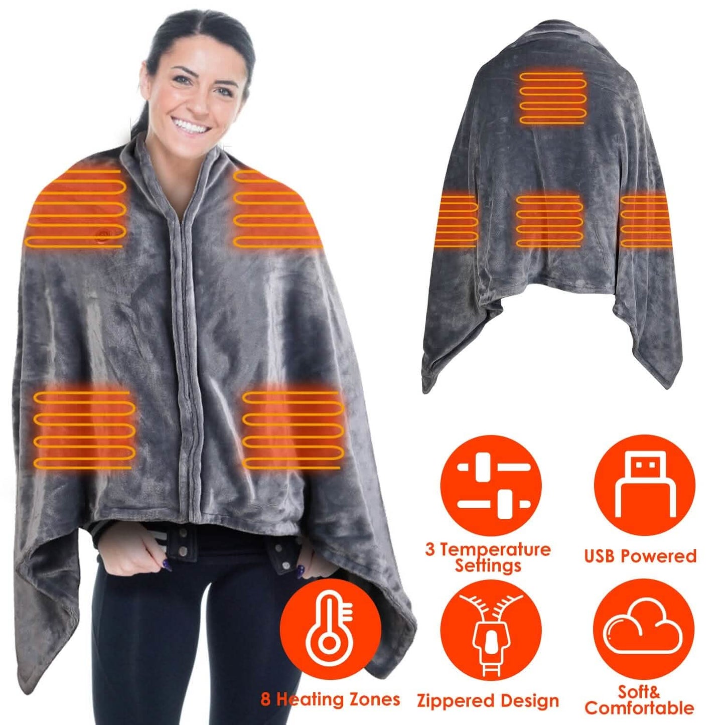 USB-Heizdecke Poncho Schal Wickeldecke mit Reißverschluss Waschbar