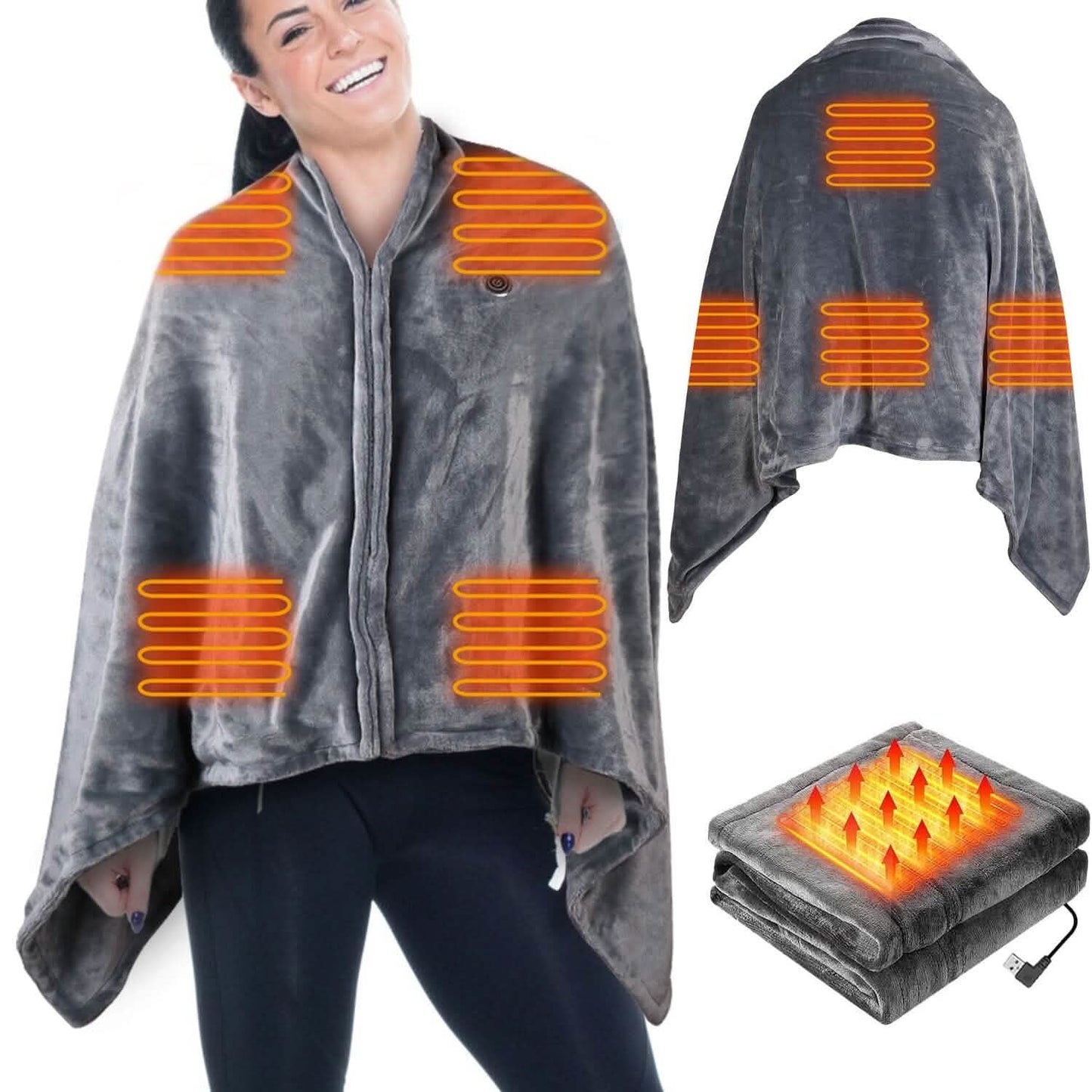 USB-Heizdecke Poncho Schal Wickeldecke mit Reißverschluss Waschbar
