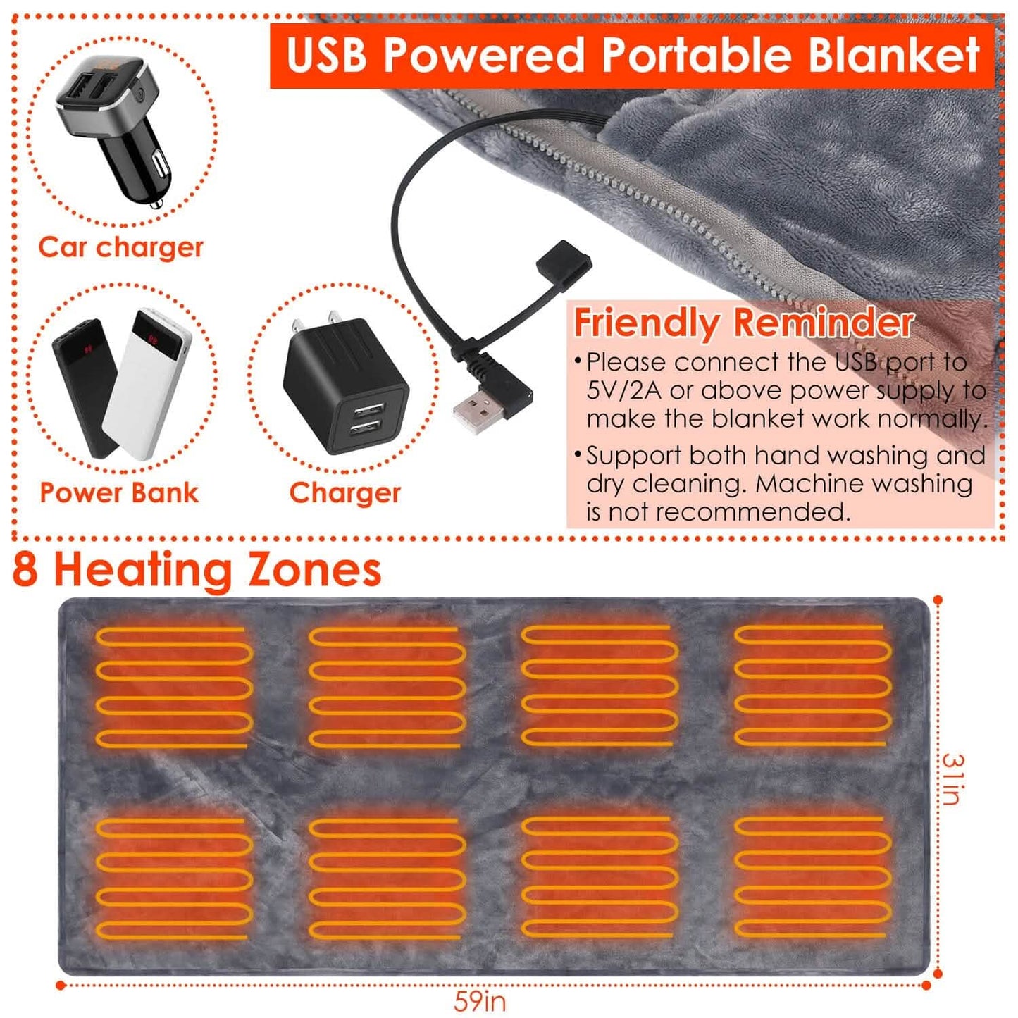 USB-Heizdecke Poncho Schal Wickeldecke mit Reißverschluss Waschbar